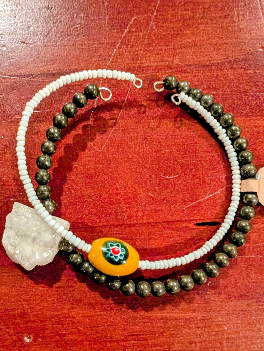 2 Beaded White and Yellow Floral Accent Bracelet & Pyrite Bead W/ Druzy Accent